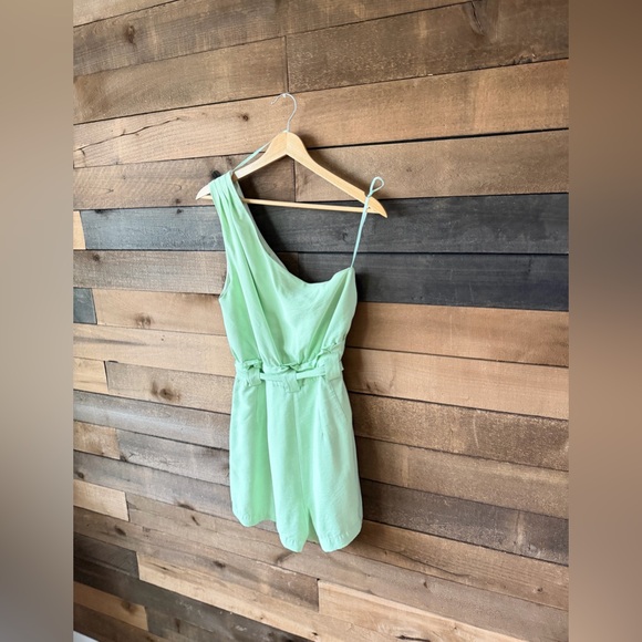 Mint Green One Shoulder Draped Belted Romper Asymmetrical Summer - Picture 6 of 8